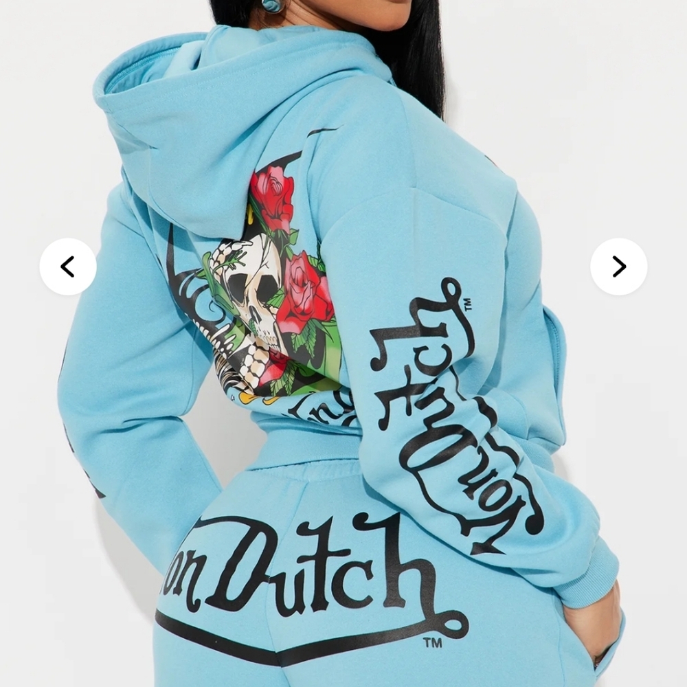 Von Dutch Light Blue Hoodie with Skull and Rose Graphic